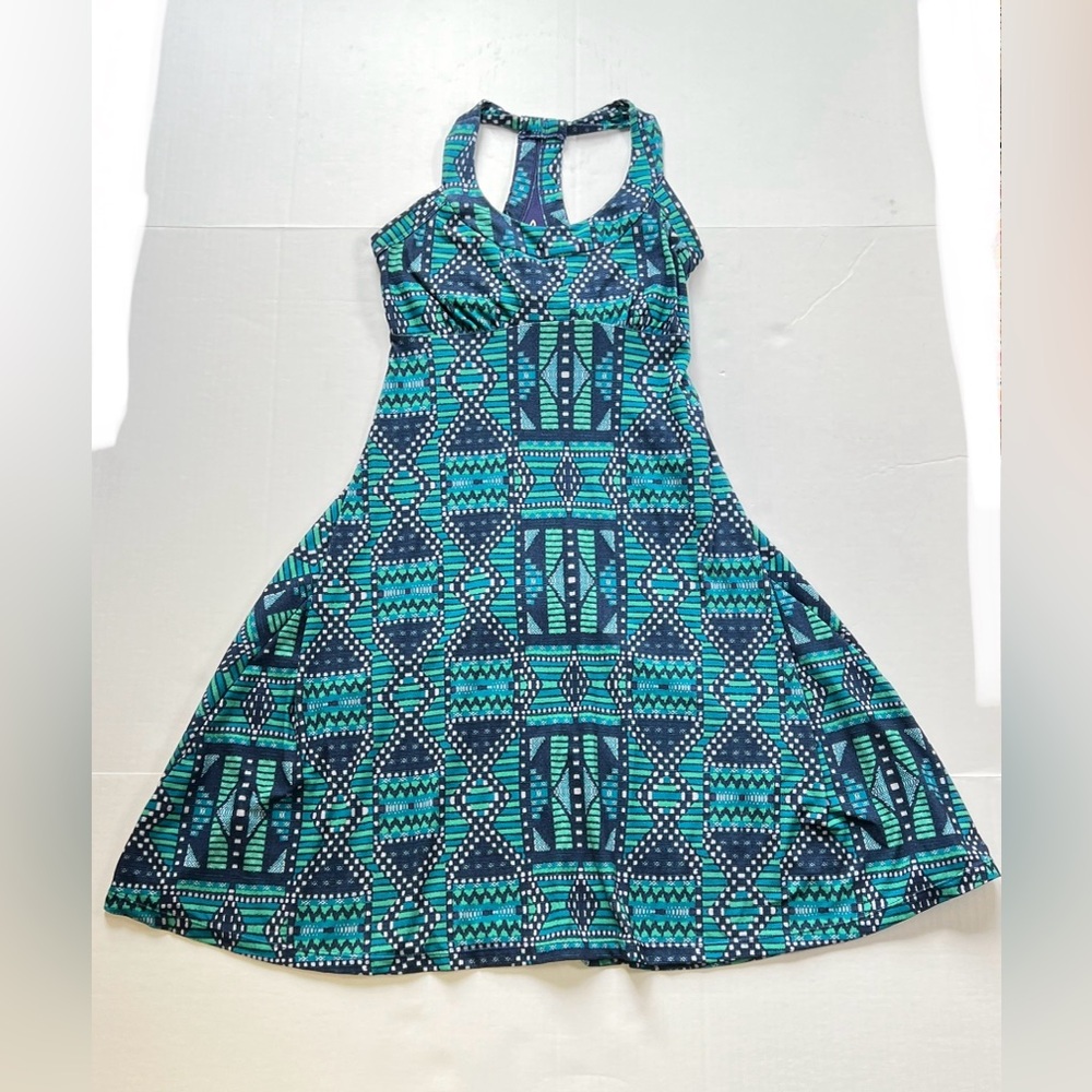 Prana Racerback Shelf Bra Tank Dress Blue Green Geometric size XS